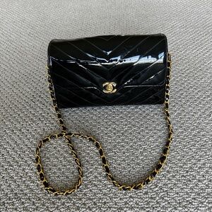 CHANEL Quilted CC Square Flap Shoulder Bag Purse Vintage used lightly Black Gold